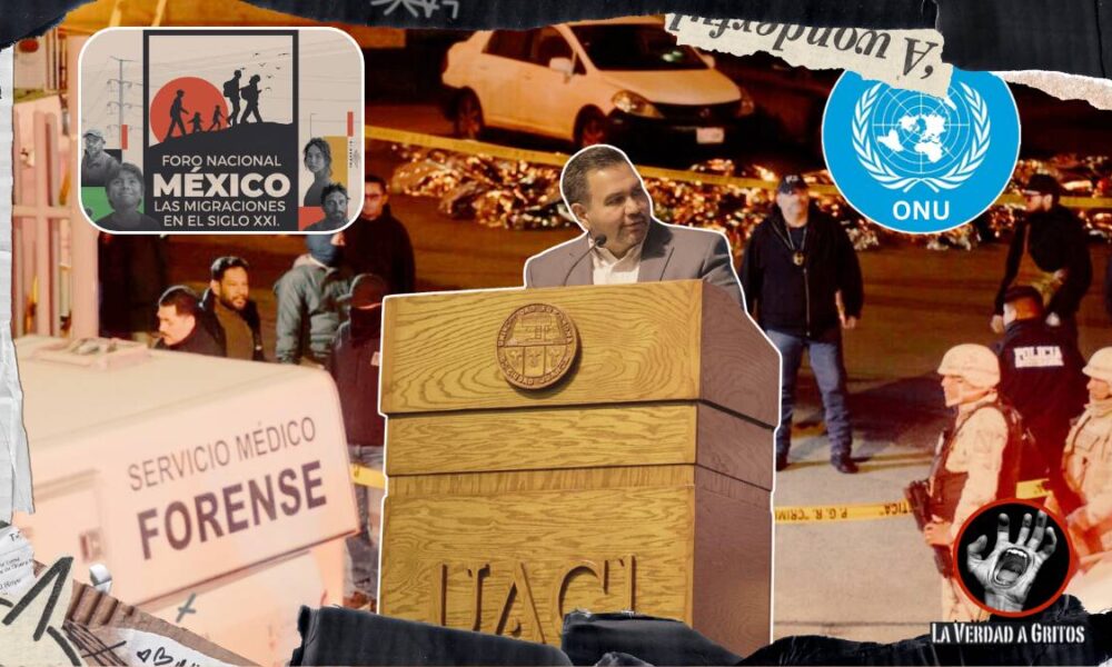 El alcalde de Juárez busca protagonismo en foros humanitarios, mientras la ONU lo señala por su responsabilidad en la tragedia que mató a 40 migrantes.