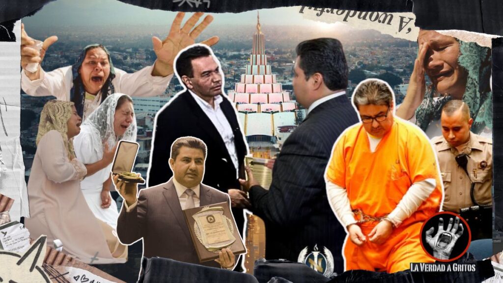Cruz Pérez Cuéllar entregando reconocimiento a Naasón Joaquín García, líder de La Luz del Mundo condenado por abuso sexual infantil, frente a iglesia y feligresas llorando