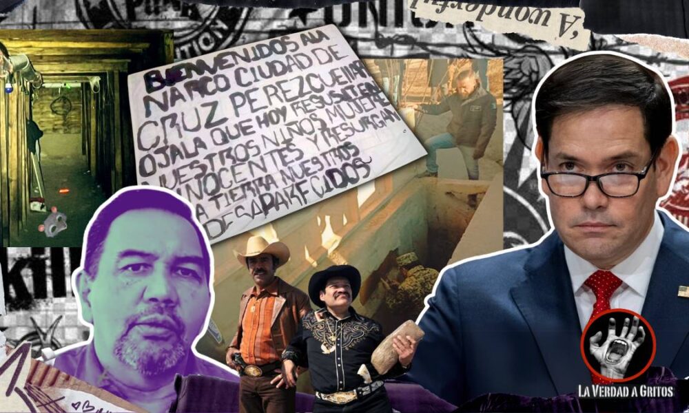 El alcalde Cruz Pérez Cuéllar frente a una narcomanta, el narcotúnel de Juárez y Marco Rubio al fondo