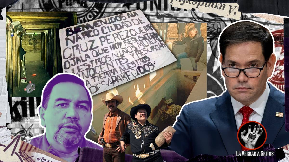 El alcalde Cruz Pérez Cuéllar frente a una narcomanta, el narcotúnel de Juárez y Marco Rubio al fondo