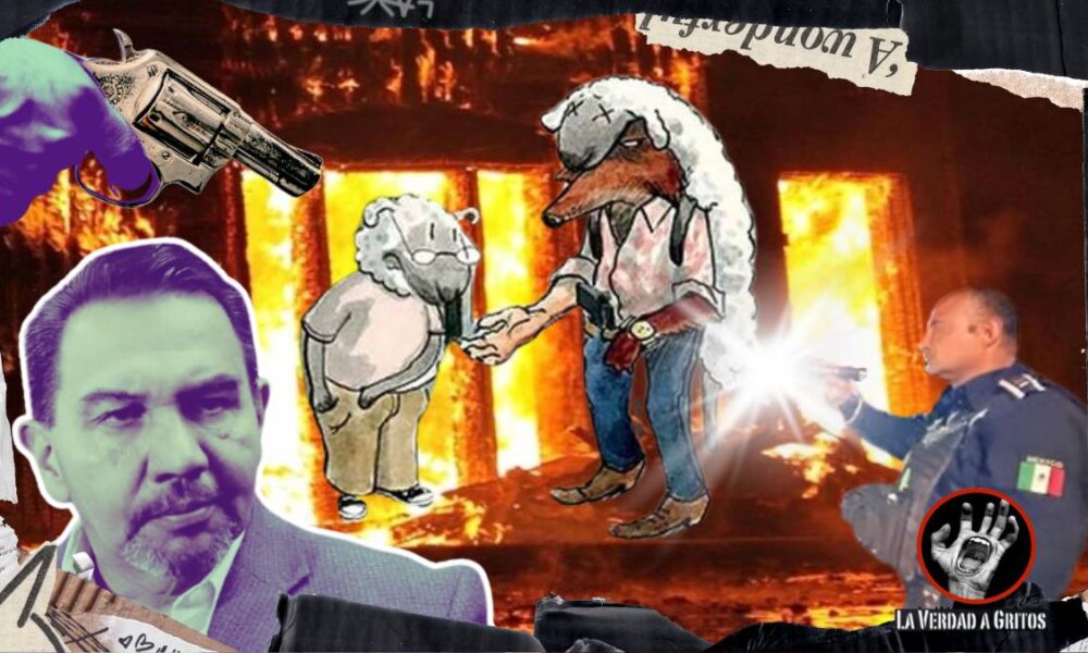 Montaje de un negocio en llamas en Ciudad Juárez, con una caricatura de oveja entregando dinero a un lobo disfrazado, iluminado por un policía municipal. Al frente, Cruz Pérez Cuéllar con el rostro desencajado.