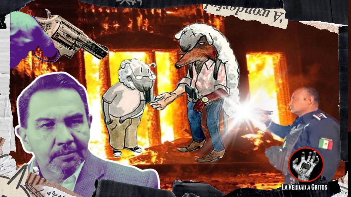 Montaje de un negocio en llamas en Ciudad Juárez, con una caricatura de oveja entregando dinero a un lobo disfrazado, iluminado por un policía municipal. Al frente, Cruz Pérez Cuéllar con el rostro desencajado.