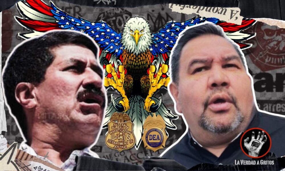 Cruz Pérez Cuéllar y Javier Corral con expresiones de preocupación mientras un águila americana, con insignias de la DEA y el FBI, los acecha