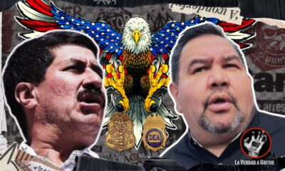 Cruz Pérez Cuéllar y Javier Corral con expresiones de preocupación mientras un águila americana, con insignias de la DEA y el FBI, los acecha