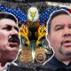 Cruz Pérez Cuéllar y Javier Corral con expresiones de preocupación mientras un águila americana, con insignias de la DEA y el FBI, los acecha