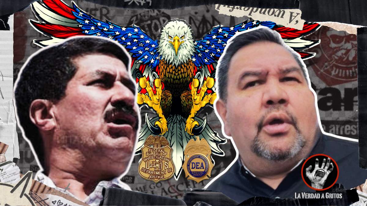 Cruz Pérez Cuéllar y Javier Corral con expresiones de preocupación mientras un águila americana, con insignias de la DEA y el FBI, los acecha