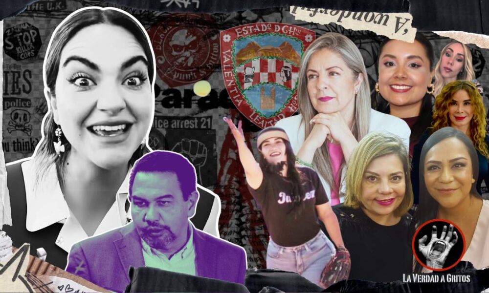 Cruz Pérez Cuéllar y Andrea Chávez en blanco y negro frente a posibles candidatas de Morena en color, con el escudo de Chihuahua al fondo.