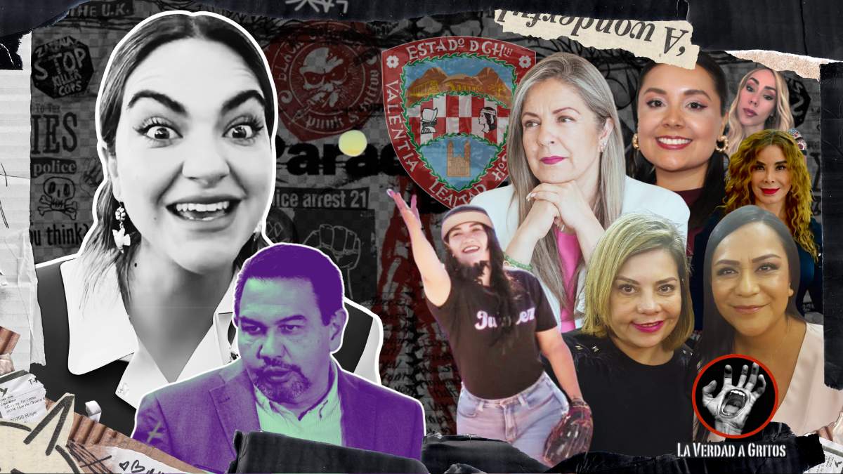 Cruz Pérez Cuéllar y Andrea Chávez en blanco y negro frente a posibles candidatas de Morena en color, con el escudo de Chihuahua al fondo.
