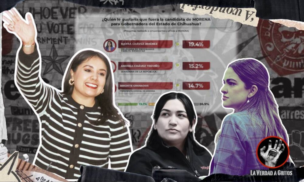 Mayra Chávez saluda con una mano levantada mientras Andrea Chávez y Brighite Granados la observan; al fondo, estadísticas muestran su ventaja en encuestas de Morena Chihuahua