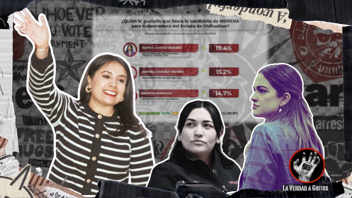 Mayra Chávez saluda con una mano levantada mientras Andrea Chávez y Brighite Granados la observan; al fondo, estadísticas muestran su ventaja en encuestas de Morena Chihuahua