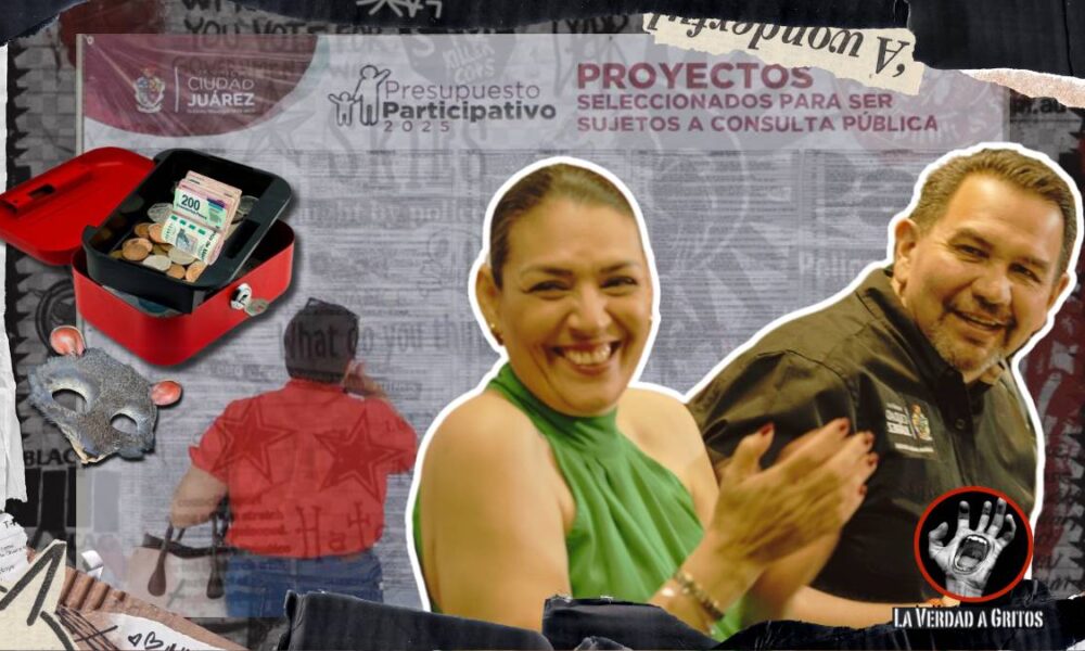 Cruz Pérez Cuéllar y Yanko Durán celebran el Presupuesto Participativo mientras una ciudadana revisa la lista de proyectos; al fondo, una caja con dinero y una máscara de rata insinúan corrupción.