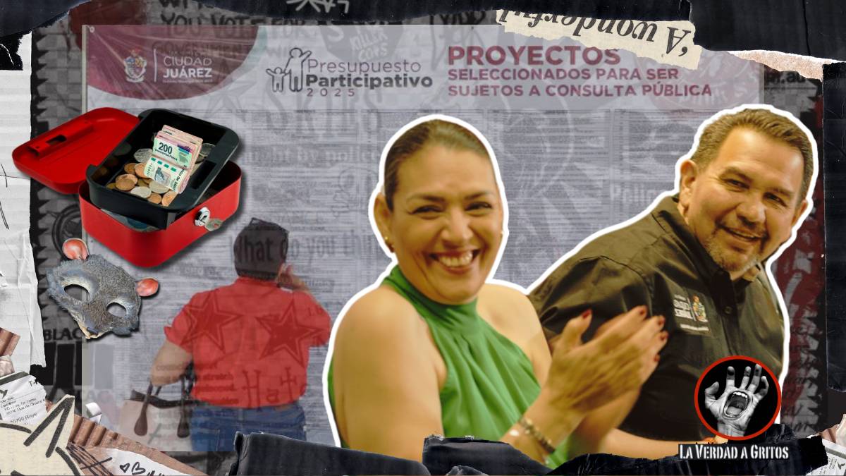 Cruz Pérez Cuéllar y Yanko Durán celebran el Presupuesto Participativo mientras una ciudadana revisa la lista de proyectos; al fondo, una caja con dinero y una máscara de rata insinúan corrupción.