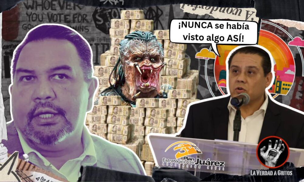 Cruz Pérez Cuéllar a la izquierda, una pila de dinero en el centro, y Sergio Meza a la derecha mirando a Cruz con expresión de asombro mientras dice: "¡NUNCA se había visto algo ASÍ!"