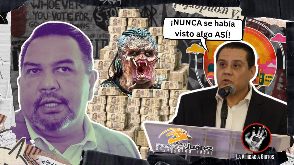 Cruz Pérez Cuéllar a la izquierda, una pila de dinero en el centro, y Sergio Meza a la derecha mirando a Cruz con expresión de asombro mientras dice: "¡NUNCA se había visto algo ASÍ!"